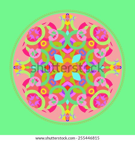 Card with abstract circular pattern, light green frame, star    on a   light pink   background. Handmade.
