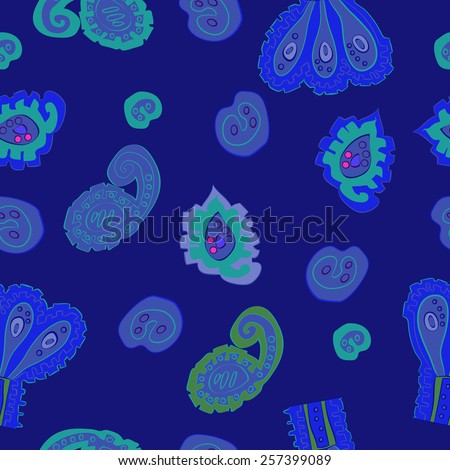 Seamless pattern of colored handmade motifs on a  dark blue  background. Hand drawn.