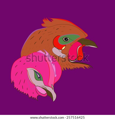 Two chicken heads on a  dark pink  background. Hand drawn.Sketch from life.