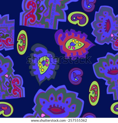 Seamless pattern of colored floral motifs on a dark blue   background. Hand drawn.