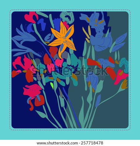 Card with floral motif, bouquet of lilies and irises on a  dark blue    background. Hand drawn.