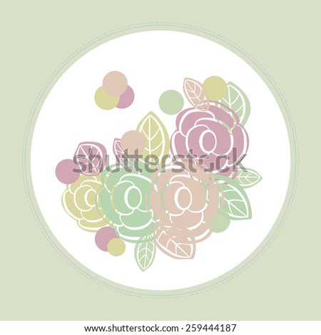 Card with sketch of colored roses, leaves, ellipses on a circle. Handmade.
