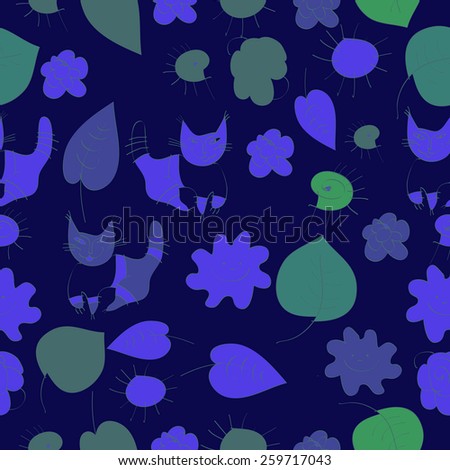 Seamless pattern of floral colored motif, cats on a background. hand drawn.