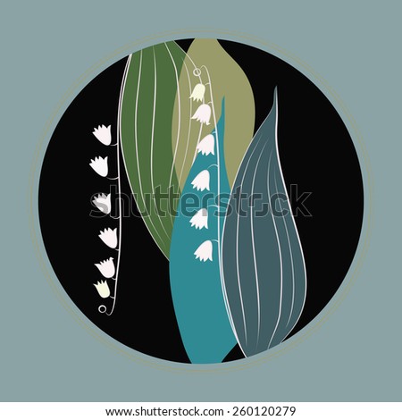Card with colored floral motif, lily of the valley on a circle. Hand drawn.
