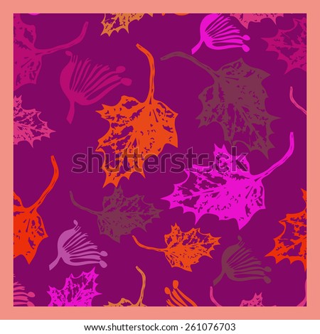Card of colored pattern of maple leaves. Autumn theme. Hand drawn.
