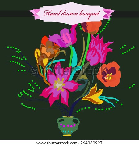 Bouquet of colored flowers, tulips, branches, leaves, label. Hand drawn.