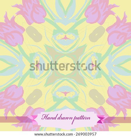 Circular seamless pattern of floral motif, flowers,tulips, leaves, label. Hand drawn.