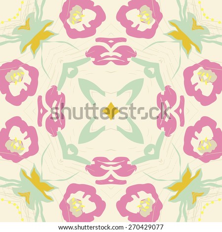 Circular seamless pattern of floral motif, branches, flowers, stamens, pistils, star. Hand drawn.