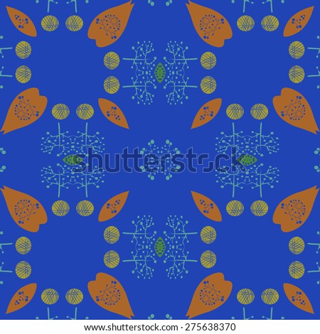 Circular   pattern of decorative motif, spots, leaves, twigs. Handmade.