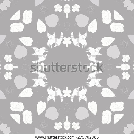 Circular seamless pattern of floral motif, flowers, leaves, cats, spiral. Hand drawn.