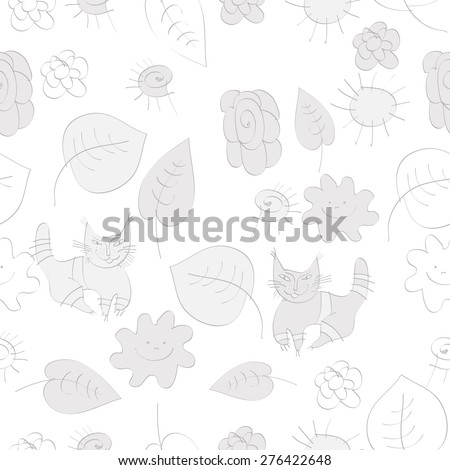 Seamless pattern of floral motif,doodles, cats, leaves, spirals. Hand drawn.