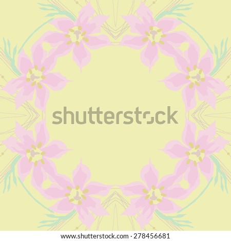 Circular  seamless pattern of floral garland, flowers,leaves, branches,ellipses ,copy space. Hand drawn.