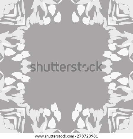 Circular  seamless pattern of  floral motif, leaves, frame, flowers, spots, copy space. Hand drawn.