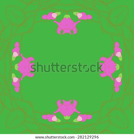 Circular  seamless pattern of  floral garland,  spots,  branches,stripes, copy space. Hand drawn.