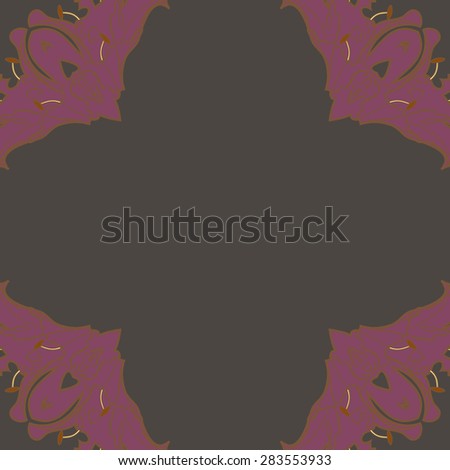 Circular  seamless pattern of floral motif, stamens, flowers, stripes, spots, copy space. Hand drawn.