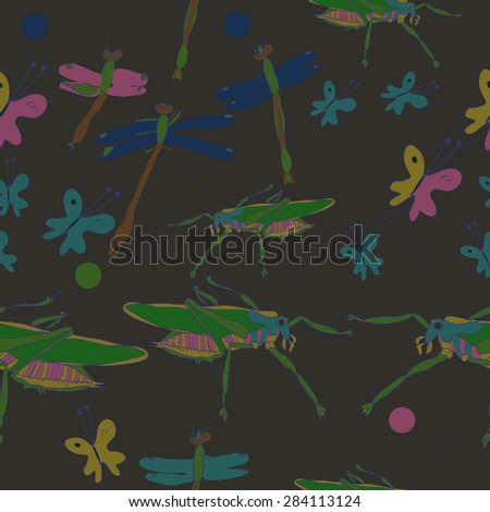 Seamless pattern of floral motif, doodles,  butterflies, insects. Hand drawn.