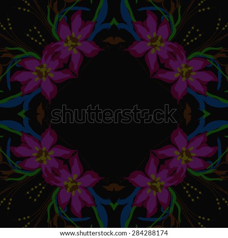 Circular  seamless pattern of  floral garland, flowers, branches, stamens, copy space. Hand drawn.