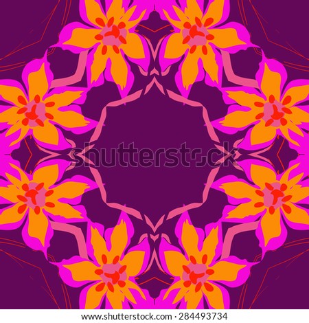Circular  seamless pattern of  floral garland, flowers, branches, stamens,leaves, copy space. Hand drawn.