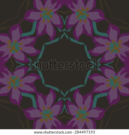 Circular  seamless pattern of  floral garland, flowers, branches, stamens,leaves. Hand drawn.