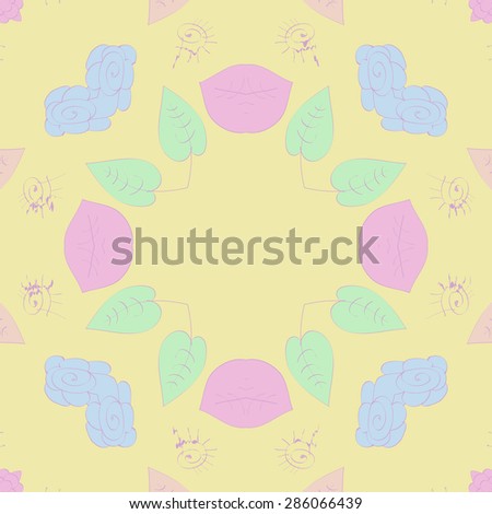 Circular  seamless pattern of  floral motif, stylized flower, spots, leaves, spirals,wave, copy space. Hand drawn.