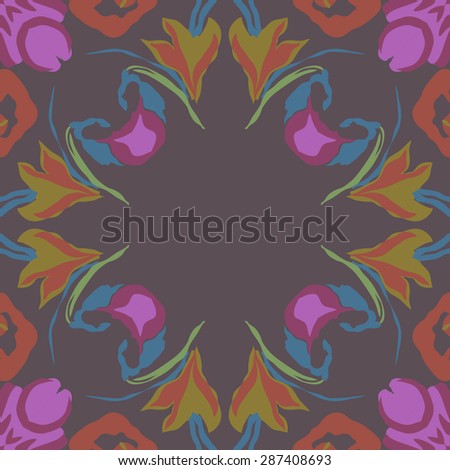 Circular  pattern of  floral garland, leaves, spots, hole,flowers, copy space. Hand drawn.