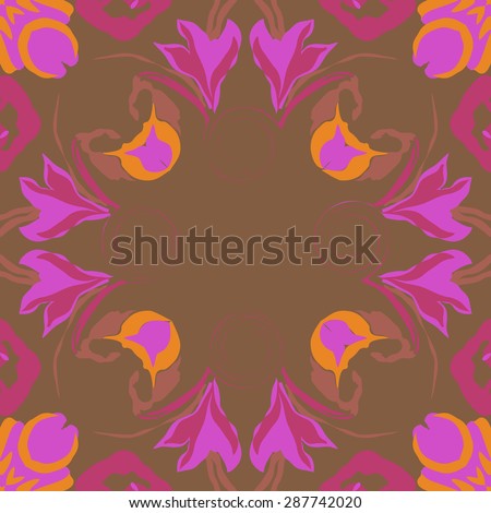 Circular  seamless pattern of  floral garland, leaves, spots,spirals, flowers, copy space. Hand drawn.