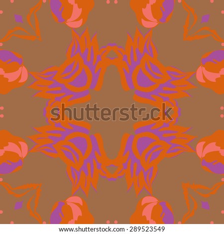 Circular seamless pattern of floral motif,  flowers, ellipses, waves, copy space. Hand drawn.