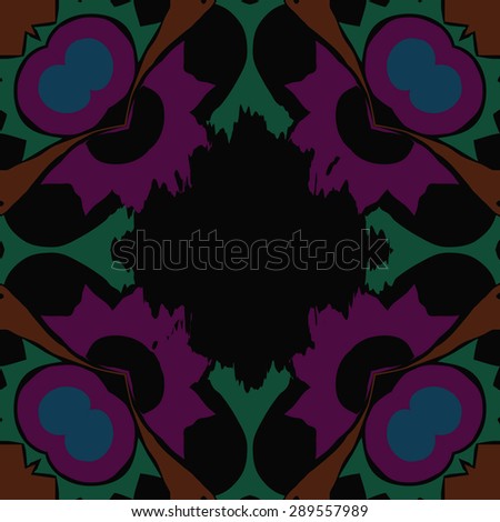 Circular seamless pattern of floral motif, zigzag, spots, hole waves, copy space. Hand drawn.