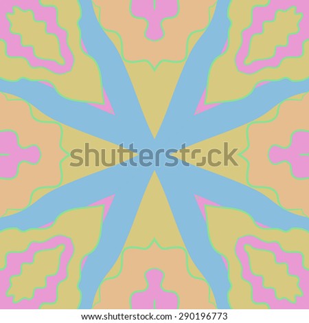Circular seamless pattern of floral motif, stripes, spots, hole,waves. Hand drawn.