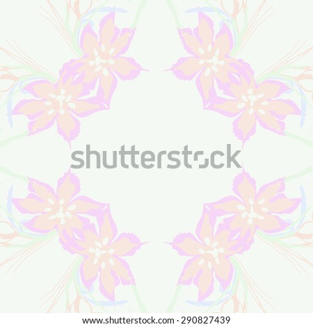 Circular seamless pattern of  floral garland, flowers, leaves, branches, waves, copy space. Hand drawn.