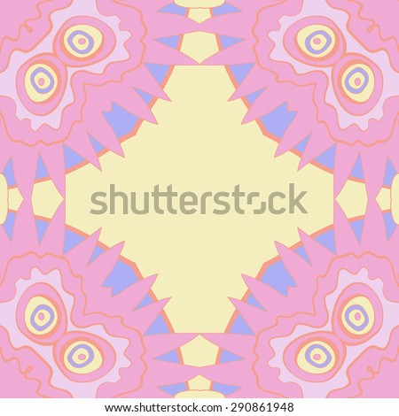 Circular seamless pattern of  floral motif,  stylized flowers, ellipses, stripes, waves, zigzag, copy space. Hand drawn.