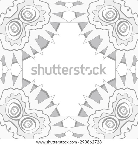 Circular seamless pattern of  floral motif,  stylized flowers, ellipses, stripes, waves, zigzag, copy space. Hand drawn.