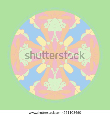 Card with circular floral pattern,leaves, spots, buds,stripes, circle, copy space. Hand drawn.