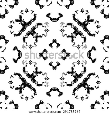 Circular seamless  pattern of floral motif, spots, hole, stripes, spirals, waves. Hand drawn.