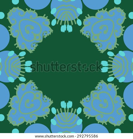 Circular seamless  pattern of floral motif, spots,waves, ellipses, doodles, copy space. Hand drawn.