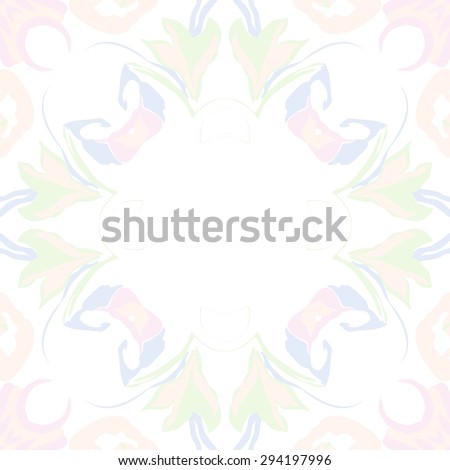Circular seamless  pattern of floral garland, stylized flowers,  leaves, hole, ellipses, copy space. Hand drawn.