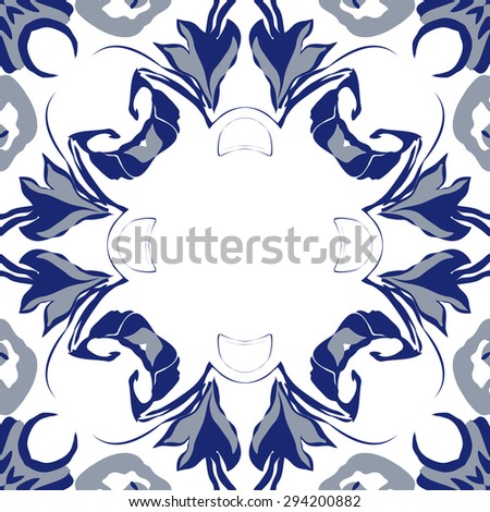 Circular seamless  pattern of floral garland, stylized flowers,  leaves, hole, ellipses, copy space. Hand drawn.