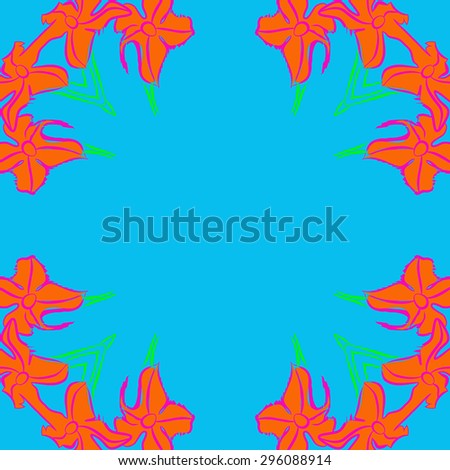 Circular seamless  pattern of floral motif, flowers, spots, ellipses, waves, copy space. Hand drawn.