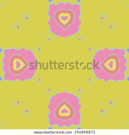 Circular seamless  pattern of floral motif, stylized  flowers, spirals, waves, ellipses, copy space. Hand drawn.