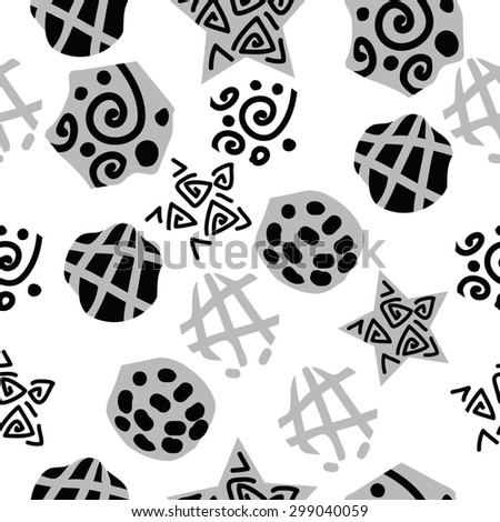 Seamless  pattern of decorative motif, stripes, spots, ellipses, spirals, stars. Hand drawn.