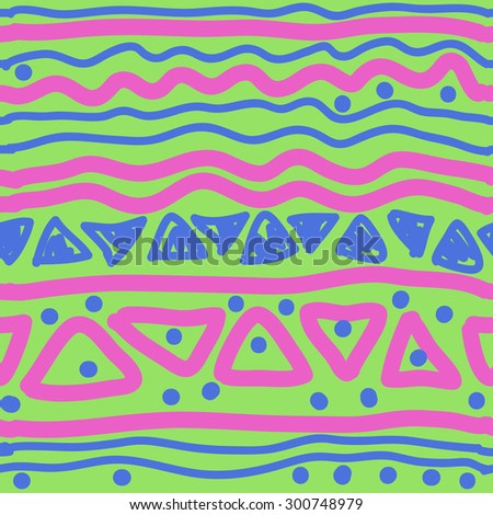Pattern of horizontal striped motif,  stripes, spots,waves, doodles. Hand drawn.
