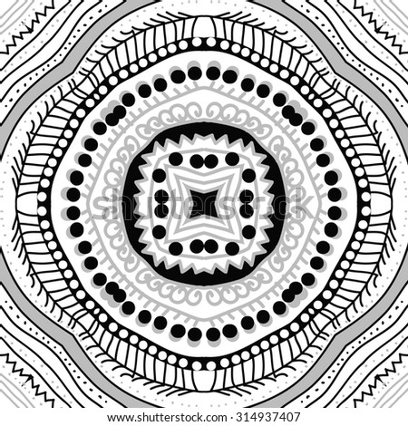 Circular   pattern of  striped motif,  doodles,  zigzag, ellipses, spirals, stars, hole . Hand drawn.