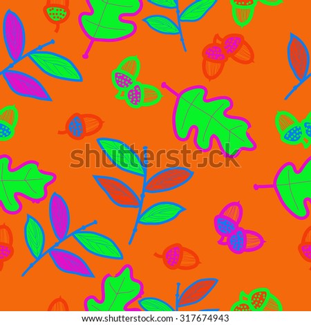 Seamless   pattern of   floral motif, ellipses, leaves, oak, autumn theme, doodles. Hand drawn.