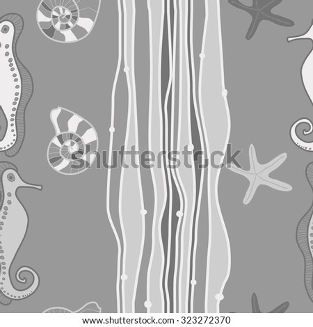 Seamless   pattern  of  marine inhabitants and stripes, sea Horses,shells, stars, spots. Hand drawn.