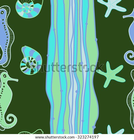 Seamless   pattern  of  marine inhabitants and stripes, sea Horses,shells, stars, spots. Hand drawn.