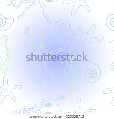 Pattern  of  marine inhabitants, octopuses, sea horses, stars, shells. Hand drawn.