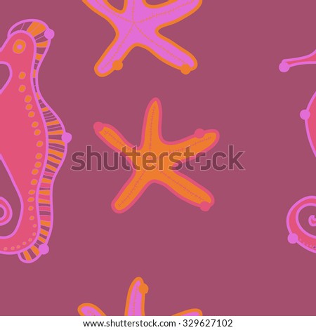 Seamless   pattern  of  marine inhabitants, sea Horses,spirals, hole, starfish, spots. Hand drawn.