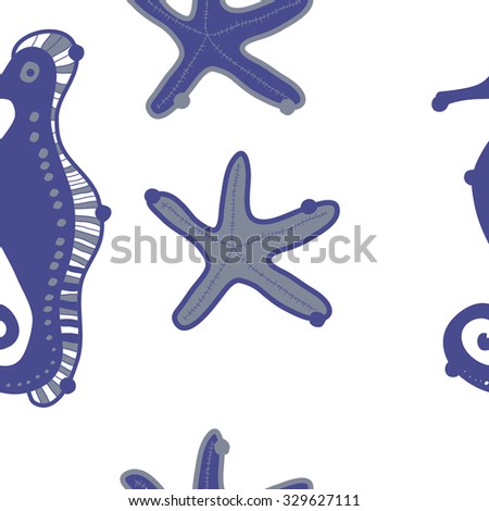 Seamless   pattern  of  marine inhabitants, sea Horses,spirals, hole, starfish, spots. Hand drawn.