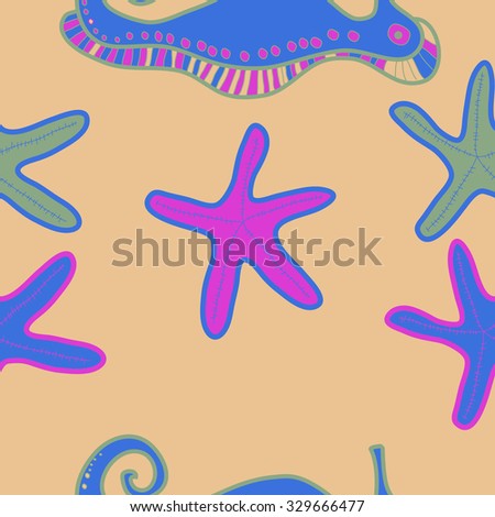 Seamless   pattern  of  marine inhabitants, sea Horses,spirals, starfishes. Hand drawn.