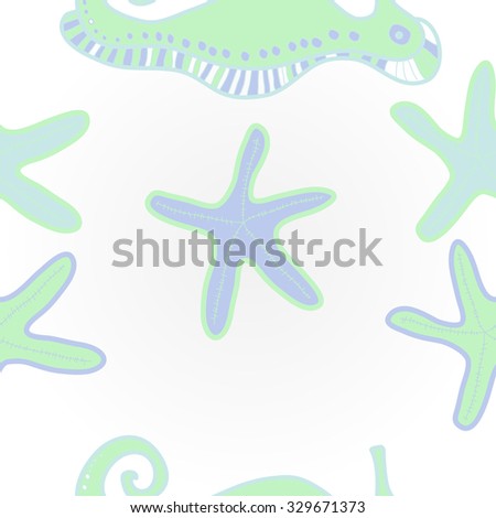 Pattern  of  marine inhabitants, sea Horses,spirals, starfishes. Hand drawn.